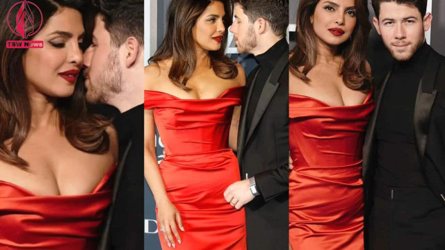 Priyanka Chopra  in a red off-shoulder gown, Nick Jonas  in black at the London premiere(Image credit: Twitter/ #CitadelonPrime)