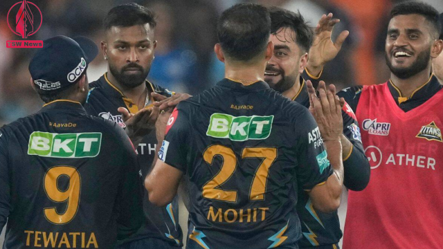 Gujrat Titans' Mohit Sharma celebrates the wicket of Mumbai Indians' Piyush Chawla with teammates during the Indian Premier League qualifier cricket match between Gujarat Titans and Mumbai Indians in Ahmedabad, India