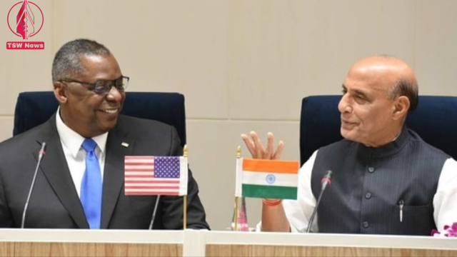 Defence Minister Rajnath Singh and US Defence Secretary Lloyd J Austin during their joint statement after meeting at Vigyan Bhawan in New Delhi