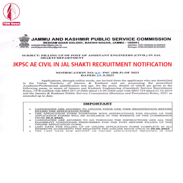 An official notification regarding the recruitment for the post of Assistant Engineer (Civil) in the Jal Shakti Department was released by the Jammu and Kashmir Public Service Commission (JKPSC).