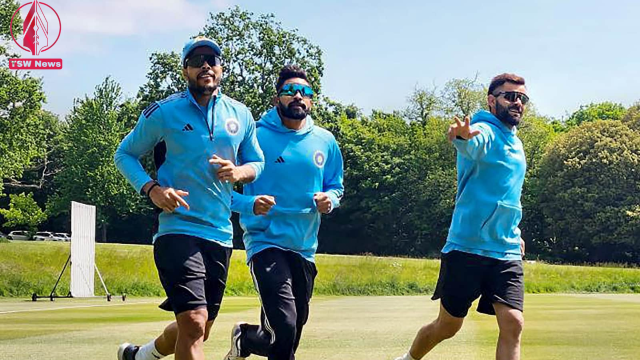 Virat Kohli (R) with bowlers Umesh Yadav (L) and Mohammed Siraj at a practice session ahead of the World Test Championship final cricket match between India and Australia in UK