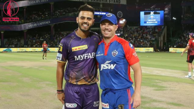 Nitish Rana and David Warner during toss of a match between DC and KKR 