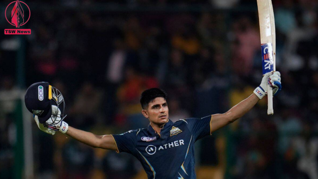 Gujarat Titans' Shubman Gill celebrates his century after hitting the winning runs during the Indian Premier League cricket match between Royal Challengers Bangalore and Gujarat Titans in Bengaluru, India,