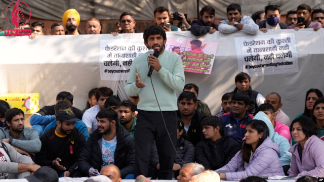 Bajrang Punia, Indian wrestler who won a Bronze medal at the 2020 Tokyo Olympics, addresses the media during a protest against Wrestling Federation of India President Brij Bhushan Sharan Singh and other officials in New Delhi, India