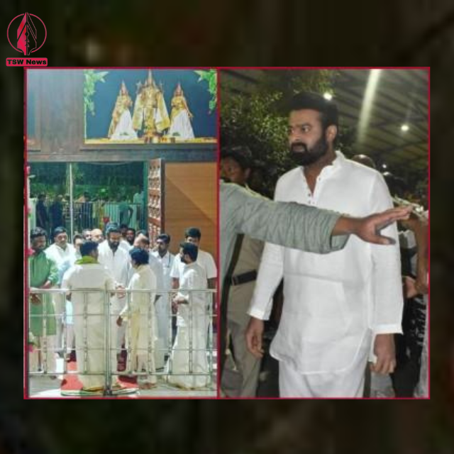 Captivating snapshots of Prabhas's temple visit have emerged online, showcasing him adorned in a pristine white kurta and dhoti,